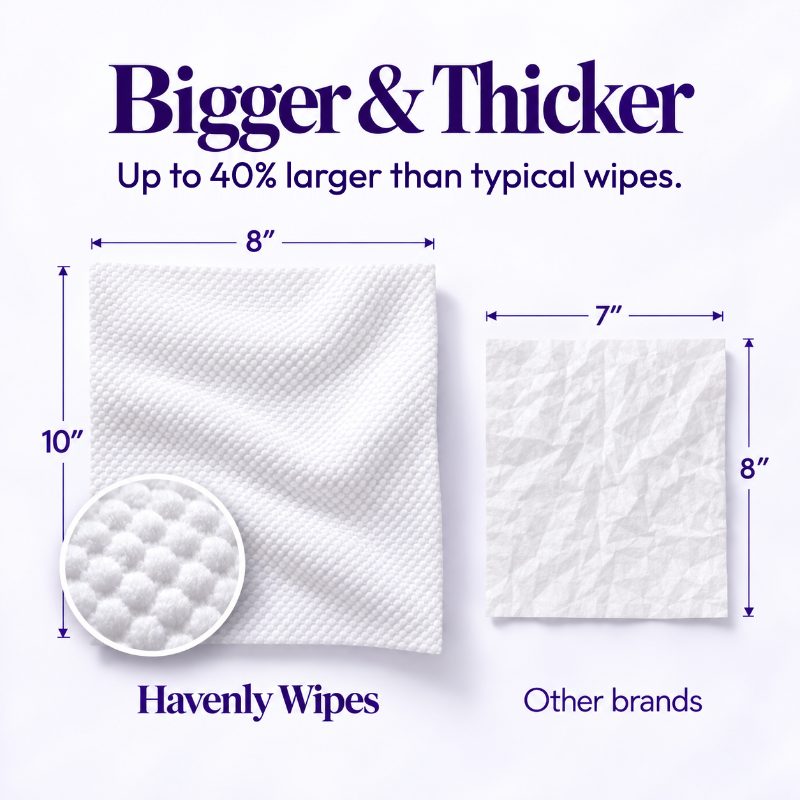 Havenly wipe, 8 by 10 inches, up to 40% larger than typical wipes