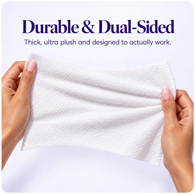 Durable, dual sided Havenly wipe stretched between two hands